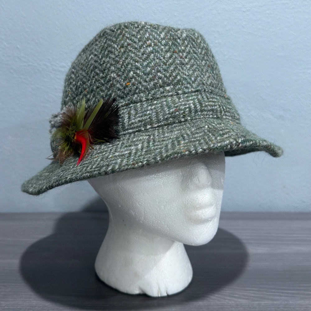 Vtg Hanna Hats Donegal Ireland Green Herringbone Wool Walking Hat Feather Mens M